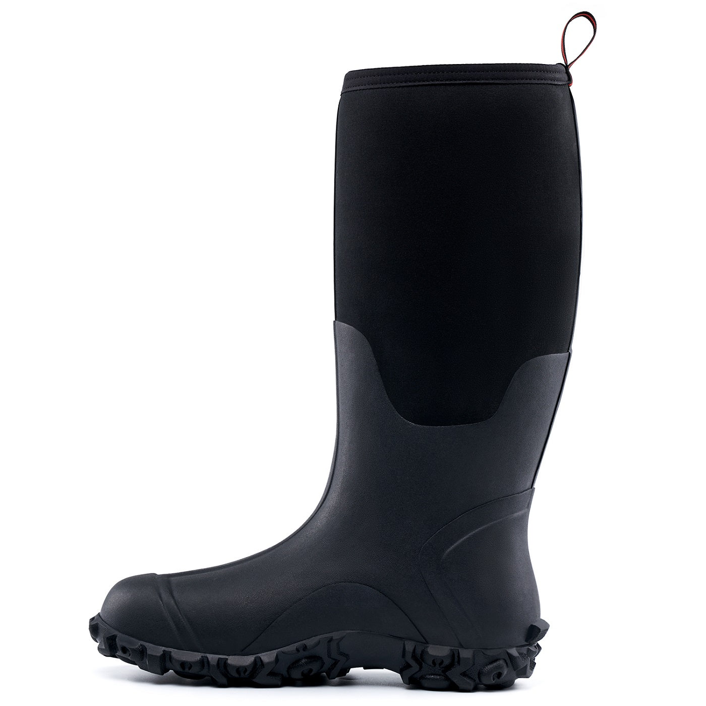 Side view of a pair of Trudave DryFlow Series tall waterproof rubber work boots – black design showing durable rubber shell, slip-resistant sole, and rugged construction for outdoor and industrial work